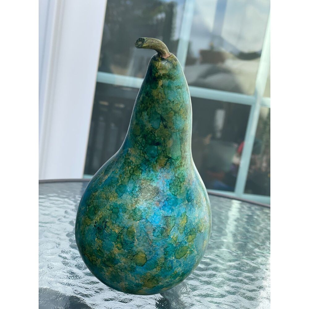 Vintage Hand Painted Natural Gourd Art Figurine Textured Metallic Green Gold